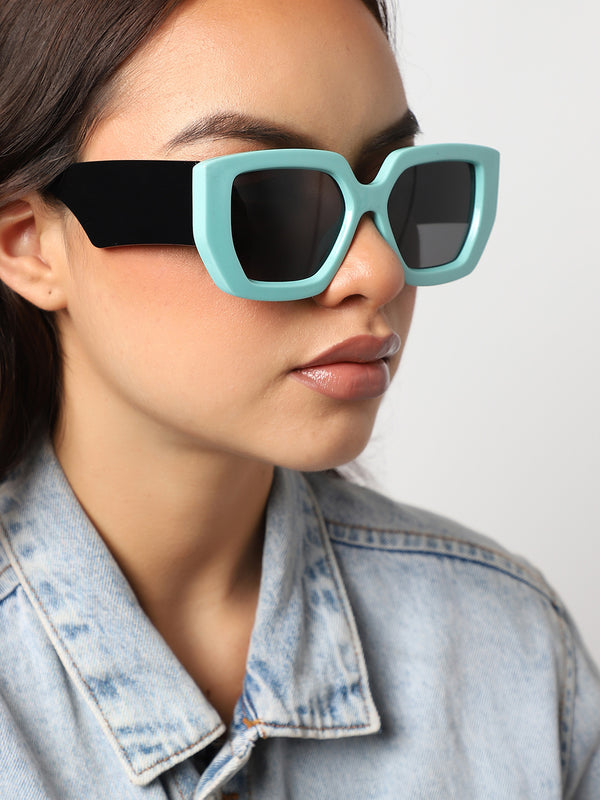 Tinted Lens, Black & Blue Frame Oversized Sunglass