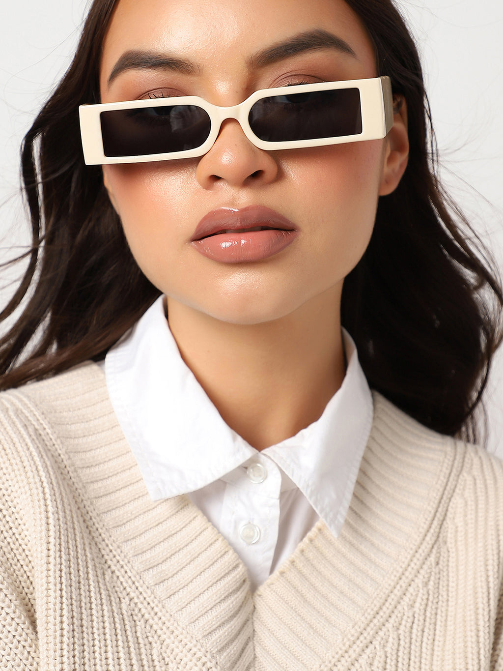 Beige Rectangular Sunglass