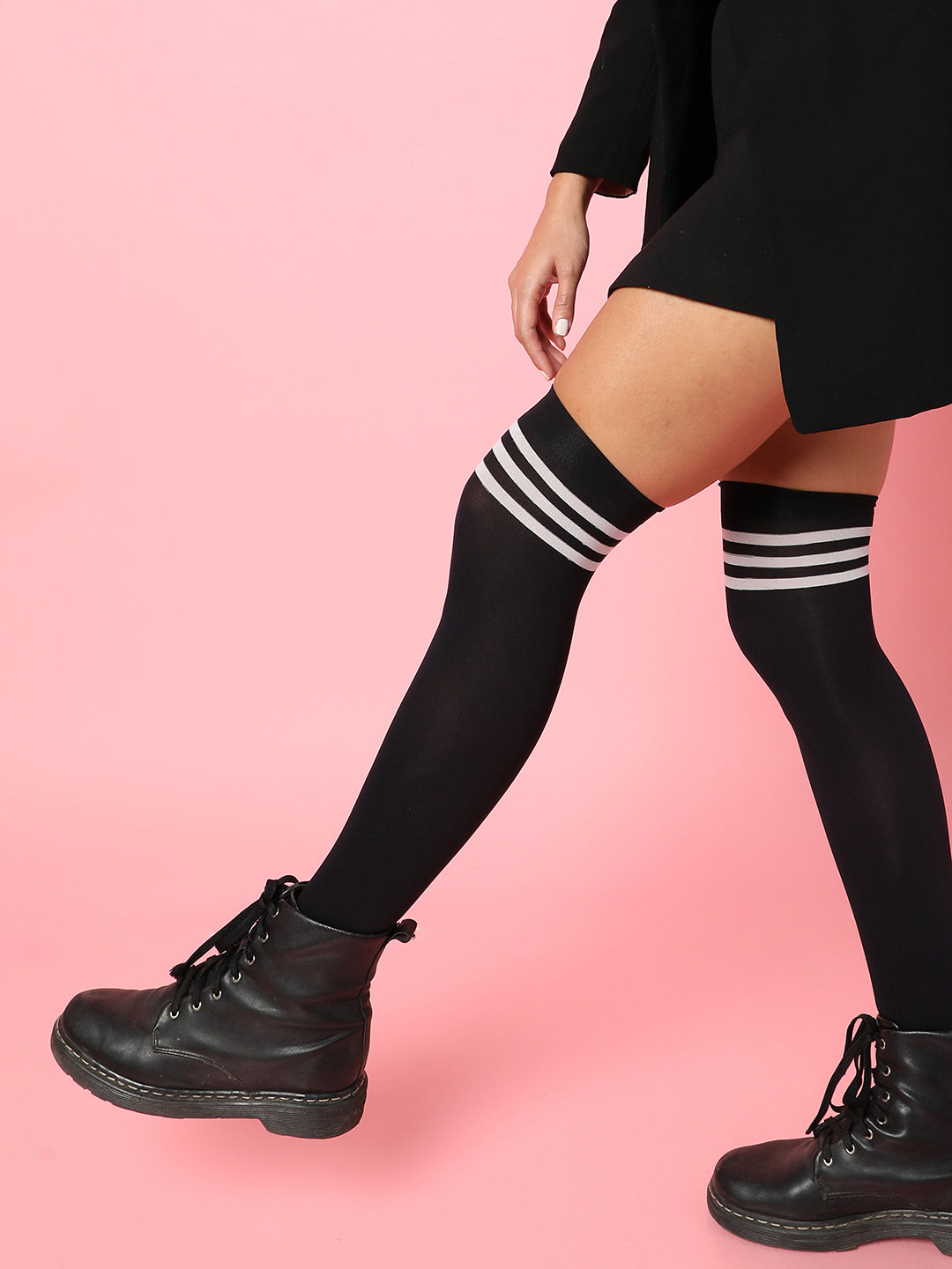 Black Stripe Solid Thigh High Stockings