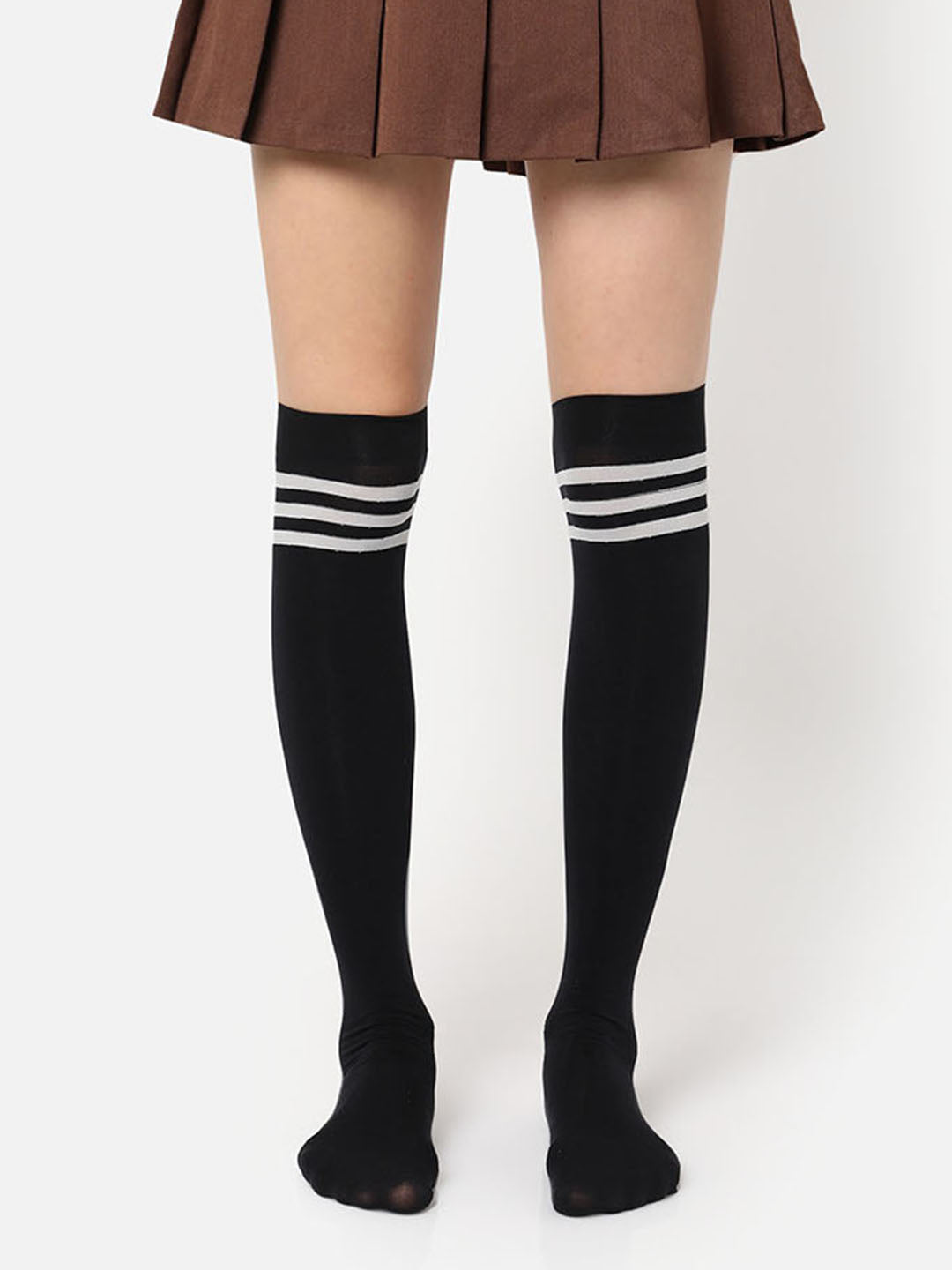 Black Stripe Solid Thigh High Stockings