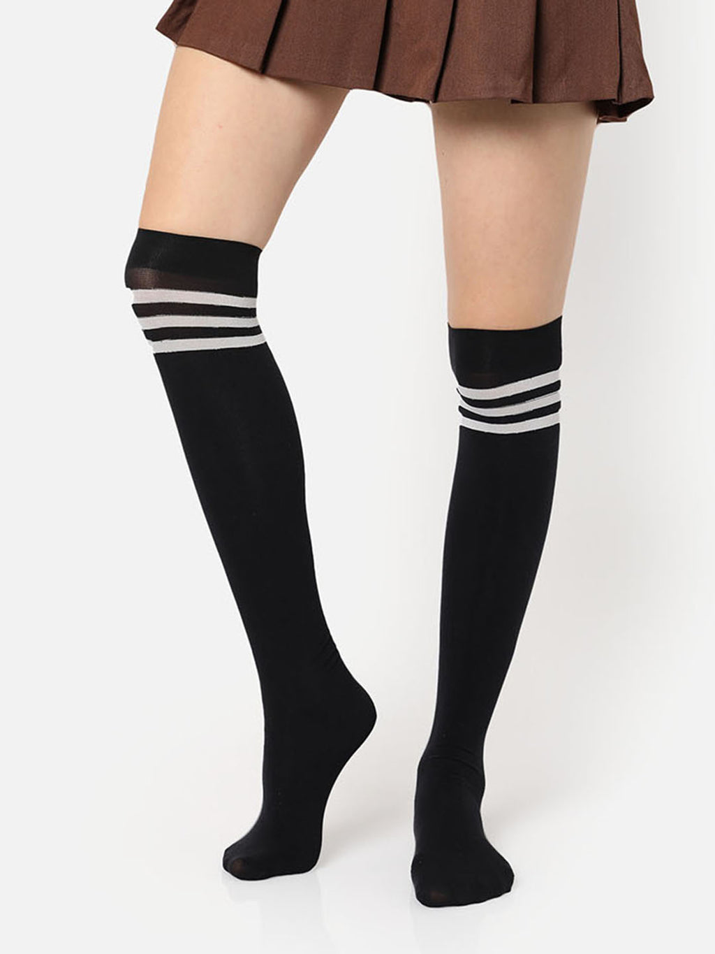 Black Stripe Solid Thigh High Stockings