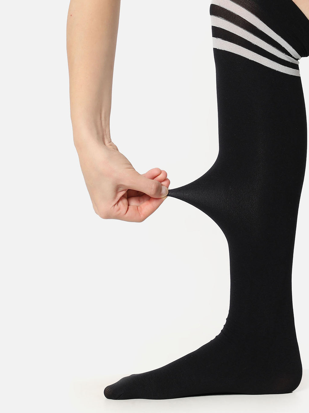Black Stripe Solid Thigh High Stockings