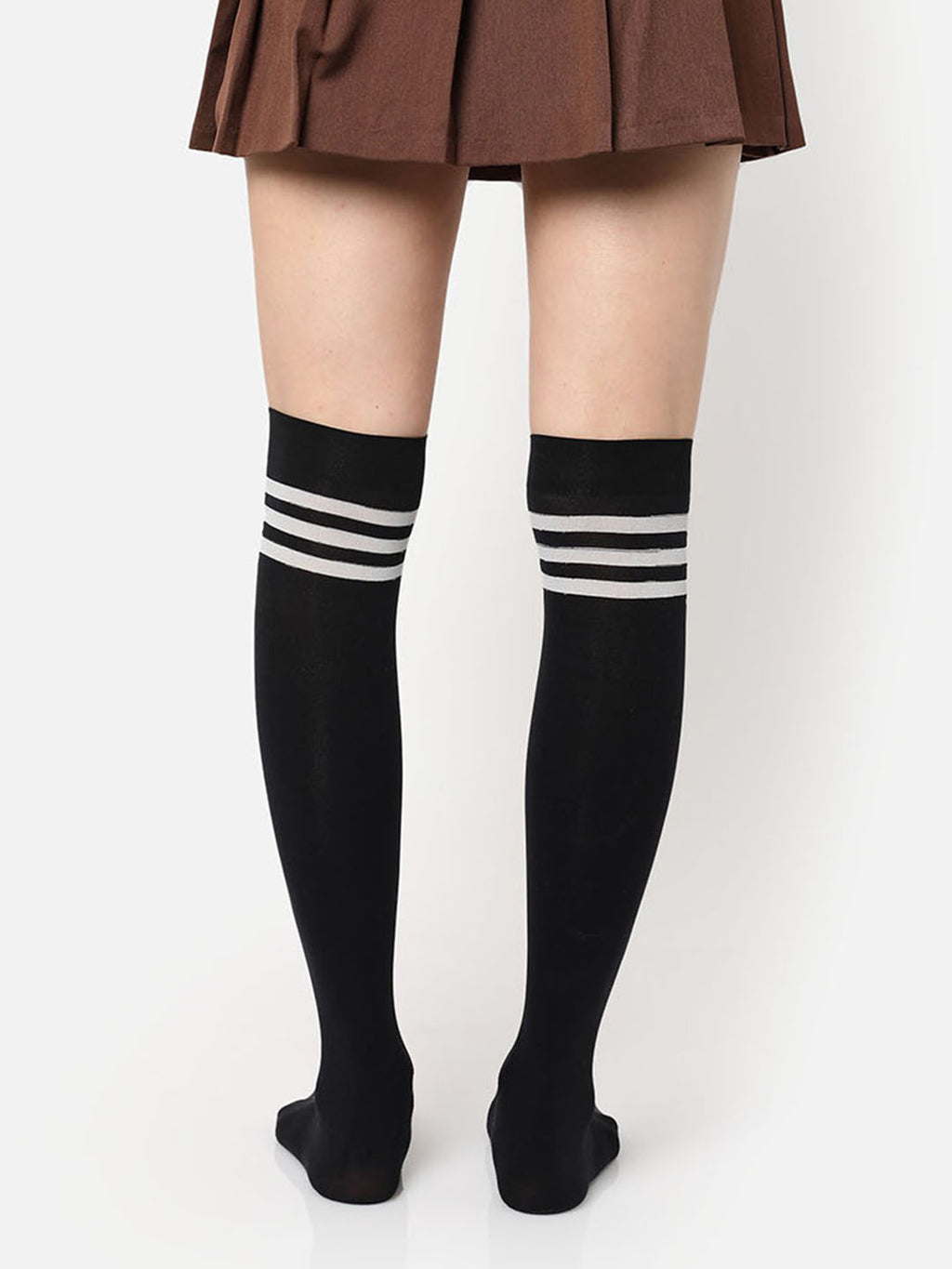 Black Stripe Solid Thigh High Stockings
