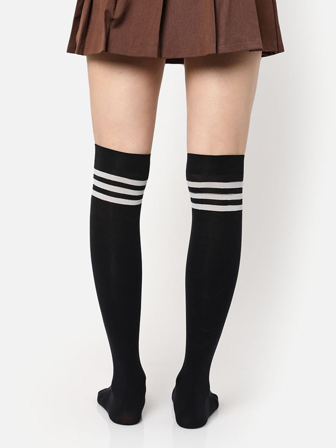 Black Stripe Solid Thigh High Stockings