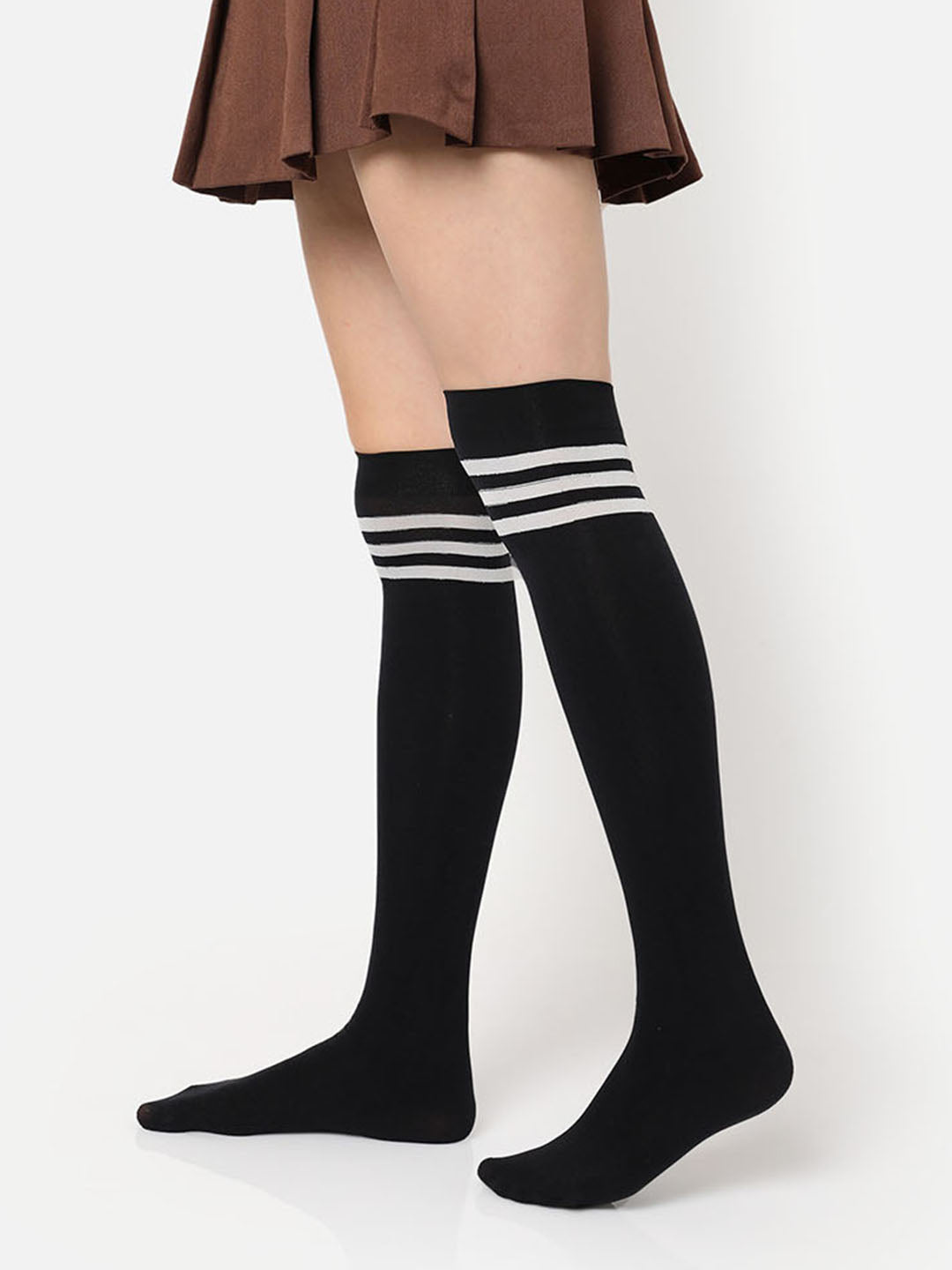 Black Stripe Solid Thigh High Stockings