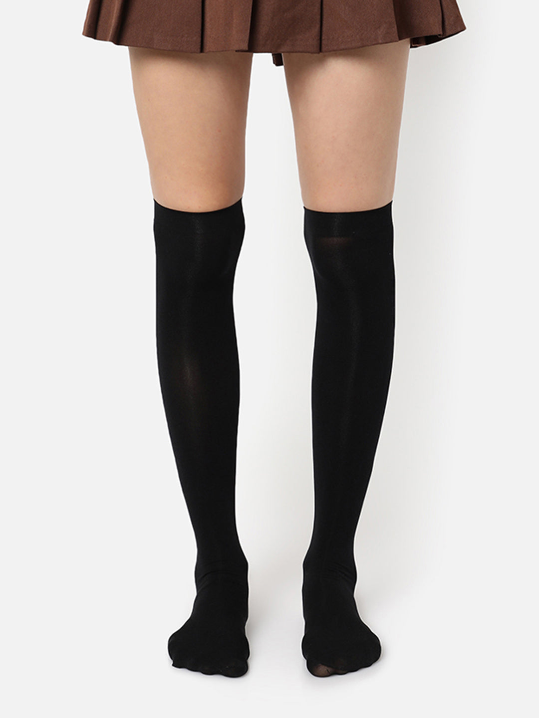 Black Solid Thigh High Stockings
