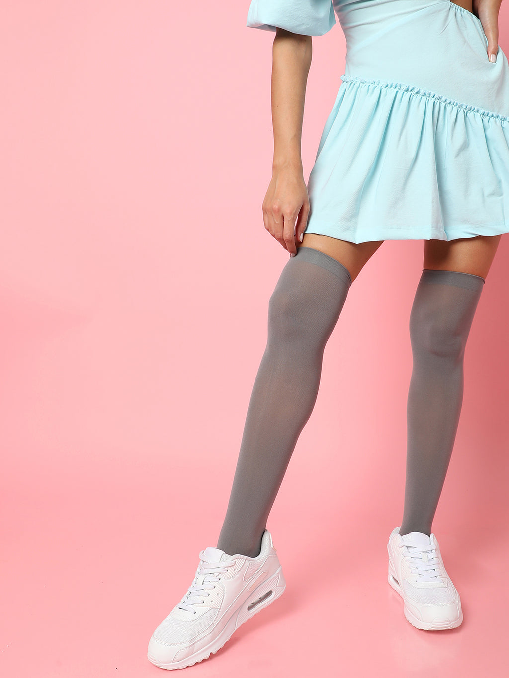 Grey Solid Thigh High Stockings