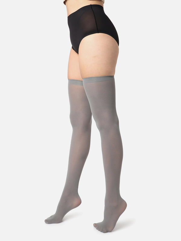 Grey Solid Thigh High Stockings