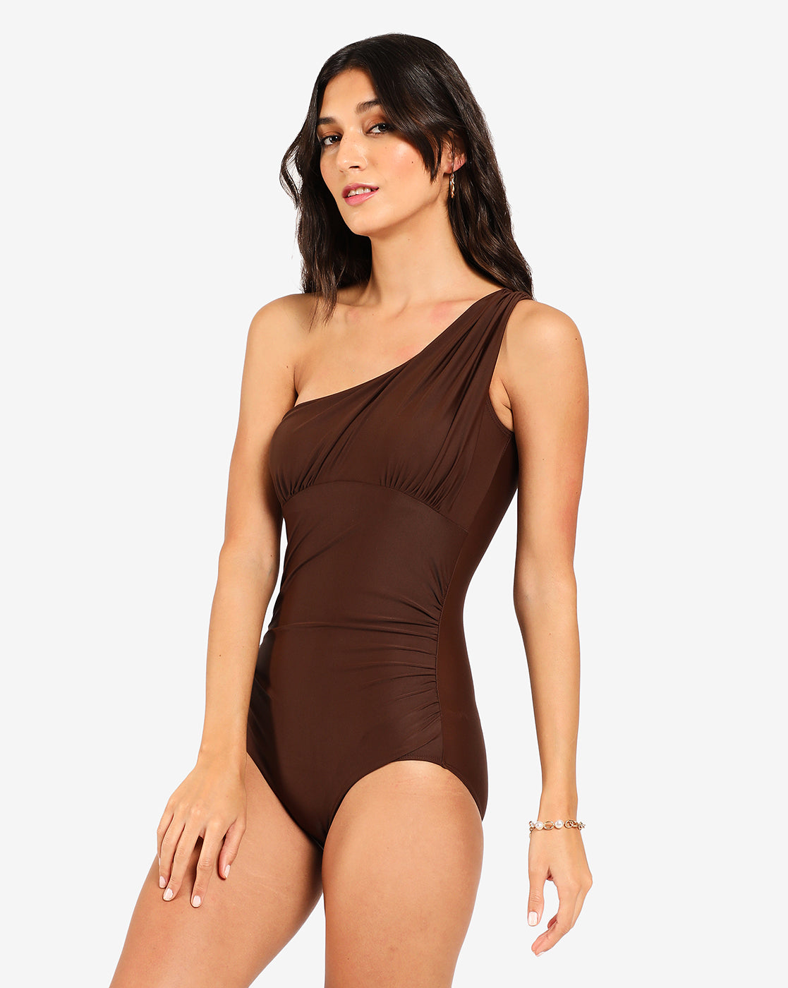 Brown Solid One Shoulder Swimsuit