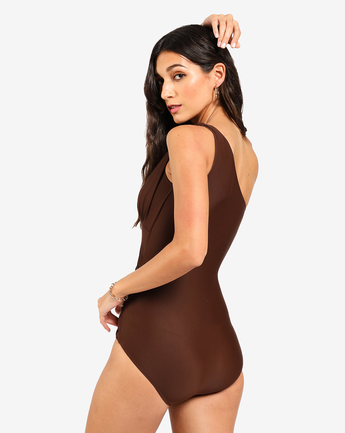 Brown Solid One Shoulder Swimsuit