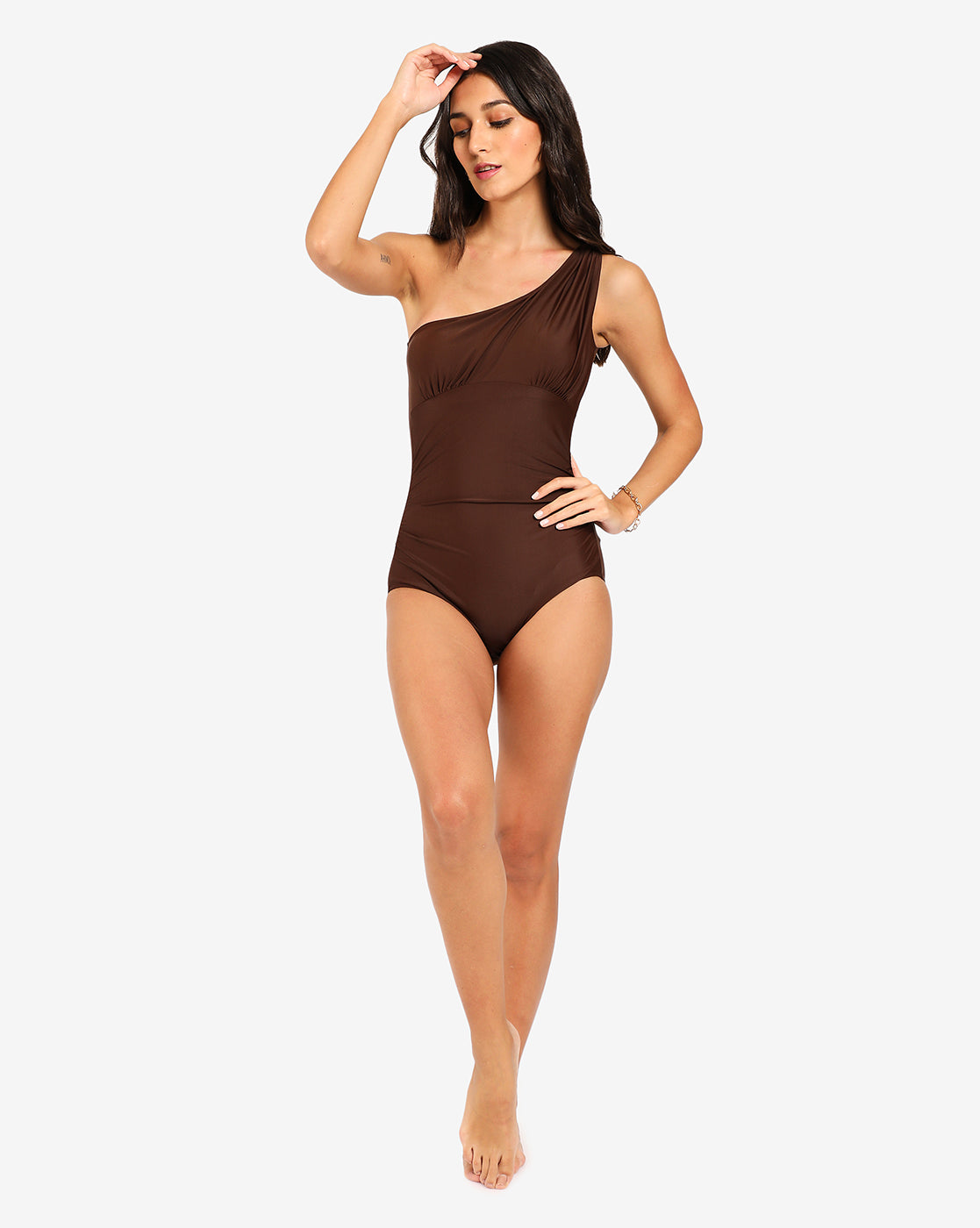 Brown Solid One Shoulder Swimsuit