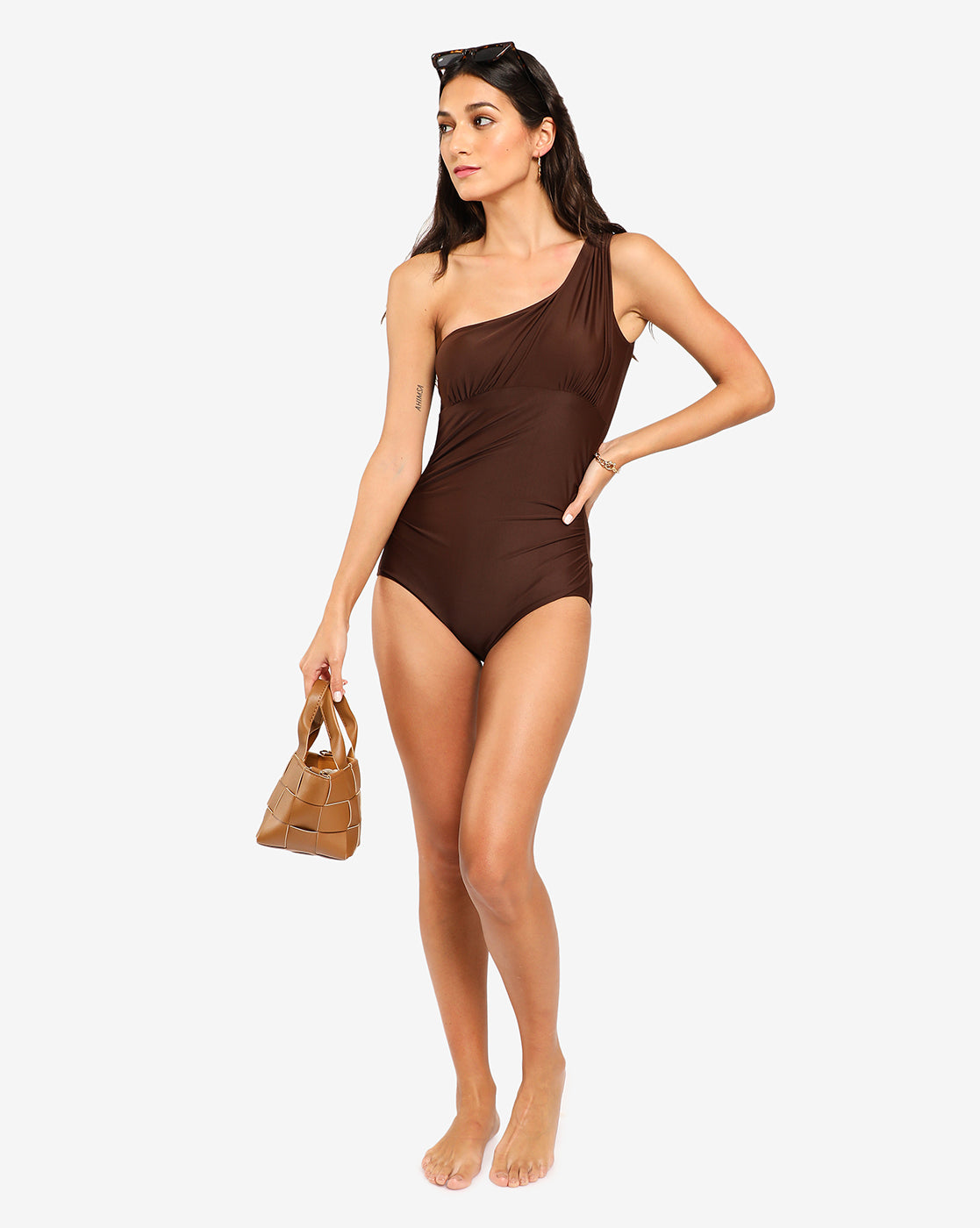 Brown Solid One Shoulder Swimsuit