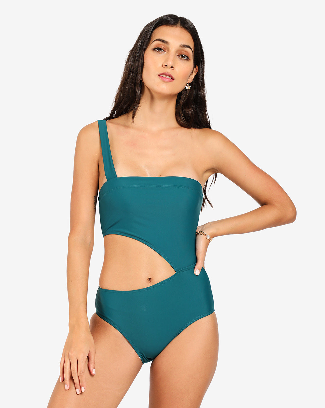 Green Solid Cut-Out Swimsuit