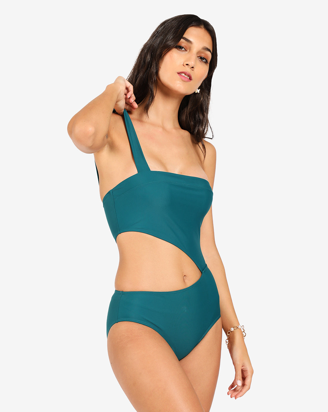 Green Solid Cut-Out Swimsuit