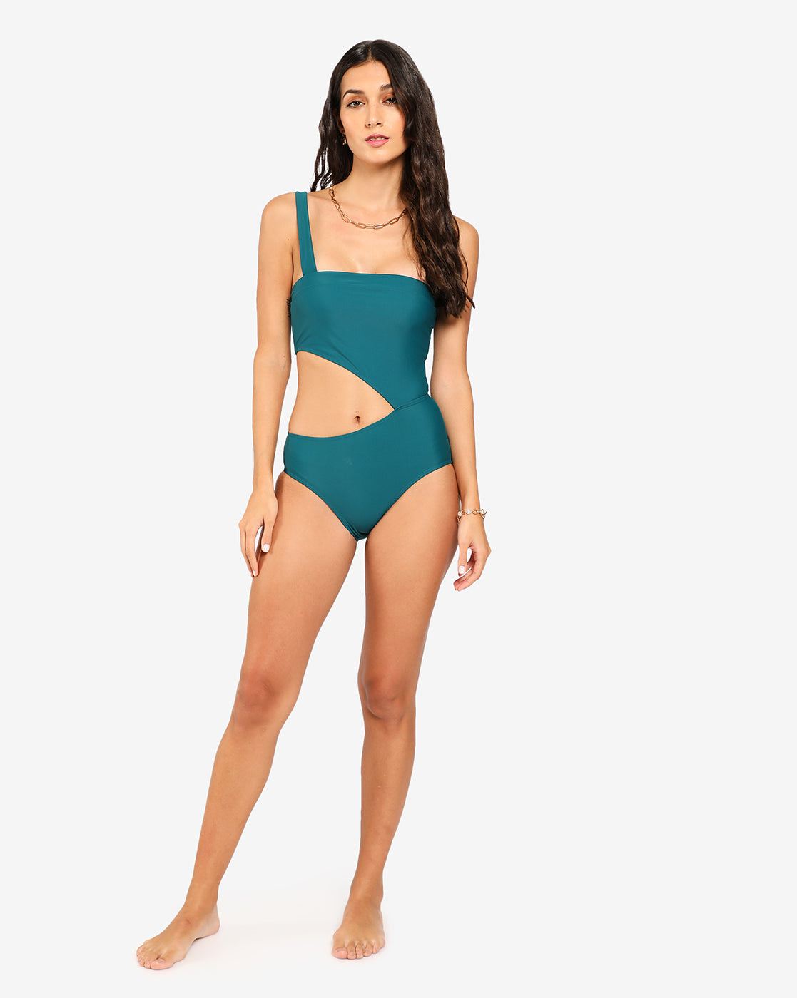 Green Solid Cut-Out Swimsuit