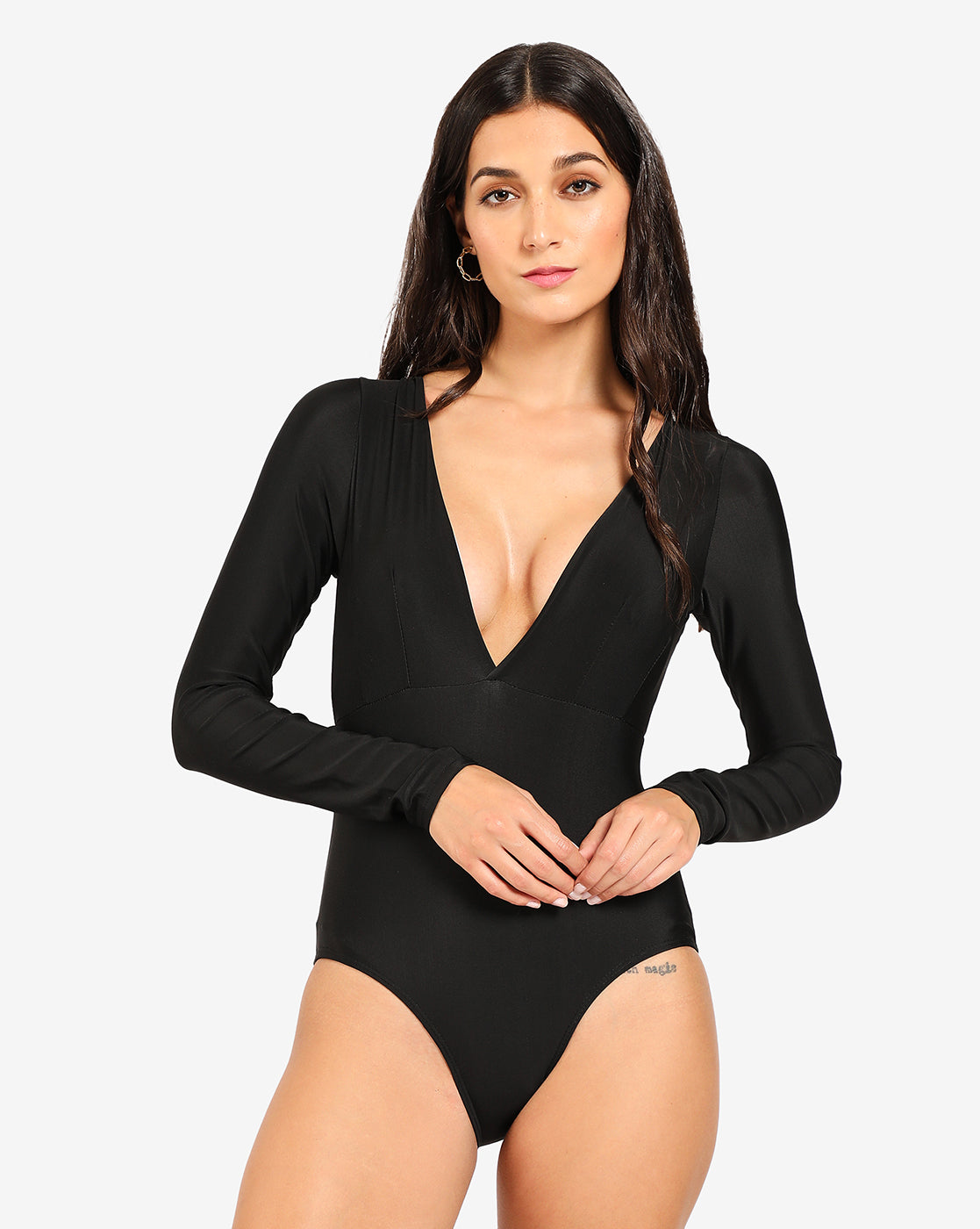 Black Solid Plunge Body Swimsuit