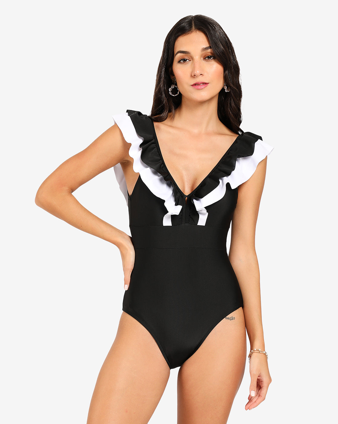 Ruffle V- Neck One-Piece Swimsuit