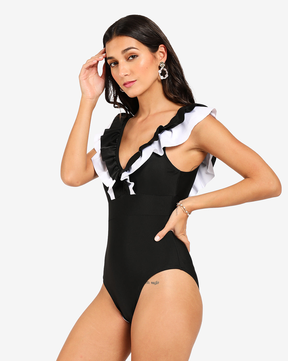 Ruffle V- Neck One-Piece Swimsuit