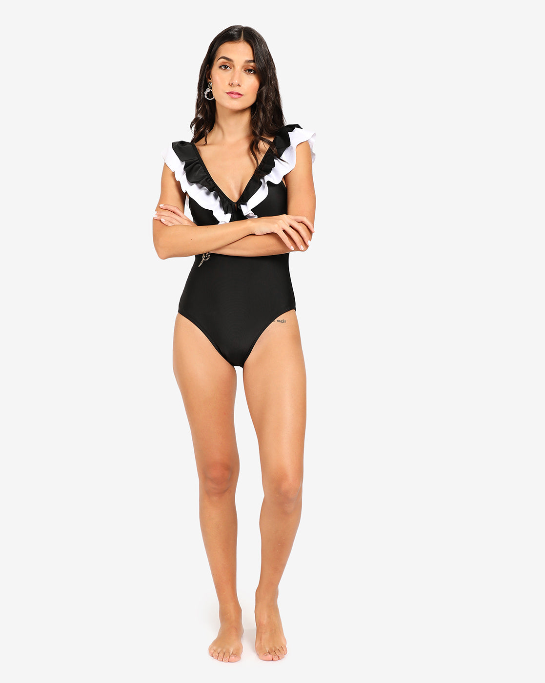 Ruffle V- Neck One-Piece Swimsuit