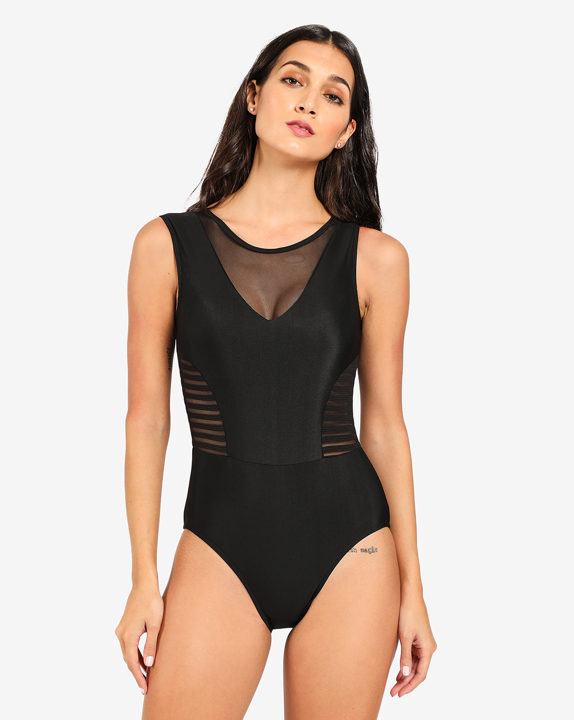 Black Solid Mesh One Piece Swimsuit
