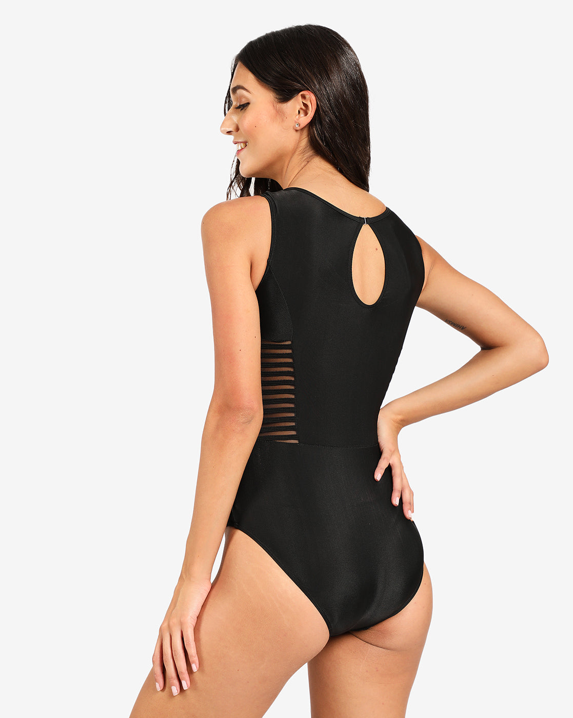 Black Solid Mesh One Piece Swimsuit