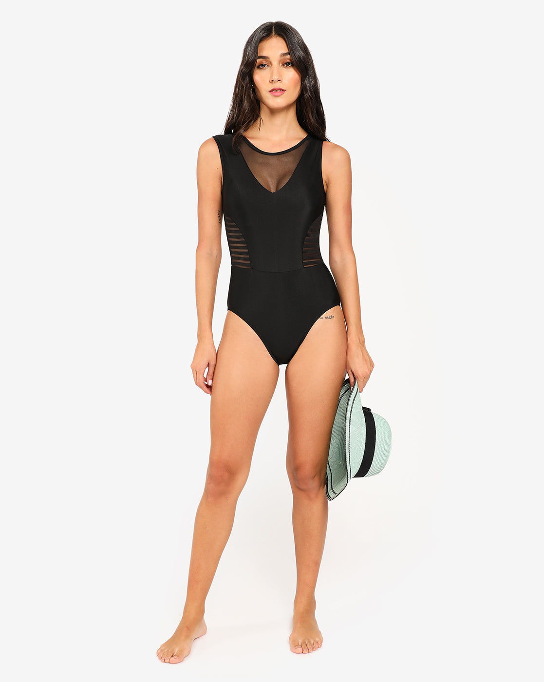 Black Solid Mesh One Piece Swimsuit