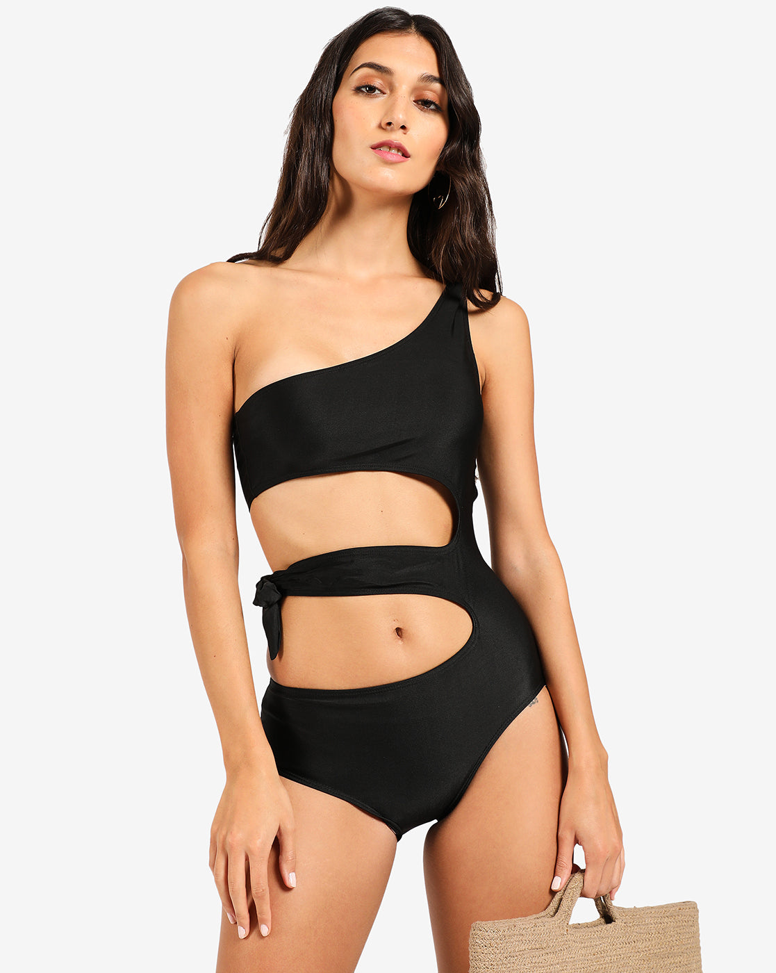 Women black solid cut-out One-piece swimsuit