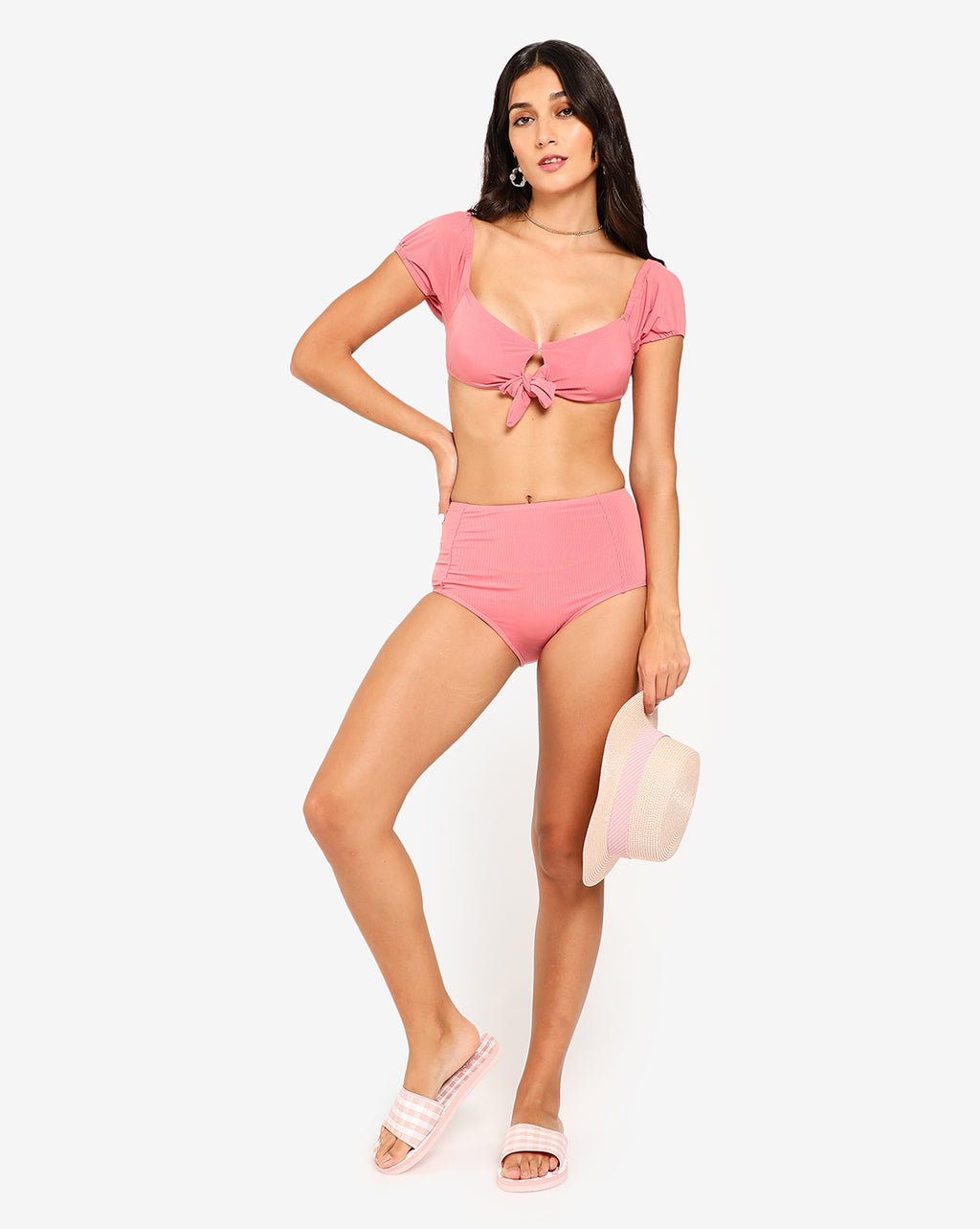 Pink Solid Two-Piece Swim Set
