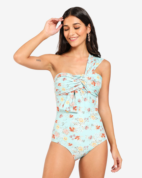 Floral Print One Shoulder Swim Suit