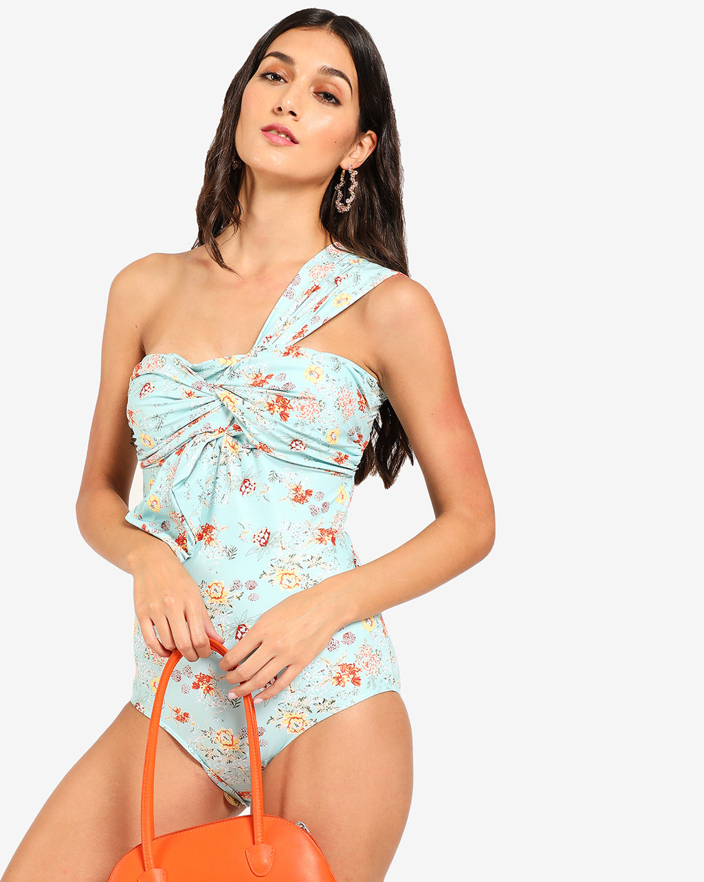 Floral Print One Shoulder Swim Suit