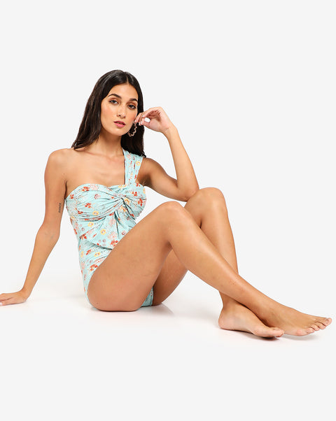 Women floral print one shoulder swim suit