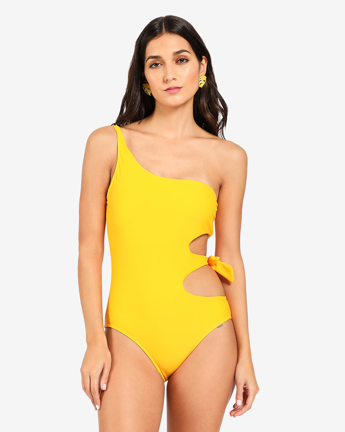 Yellow Solid Tie-Up One Shoulder Swimsuit