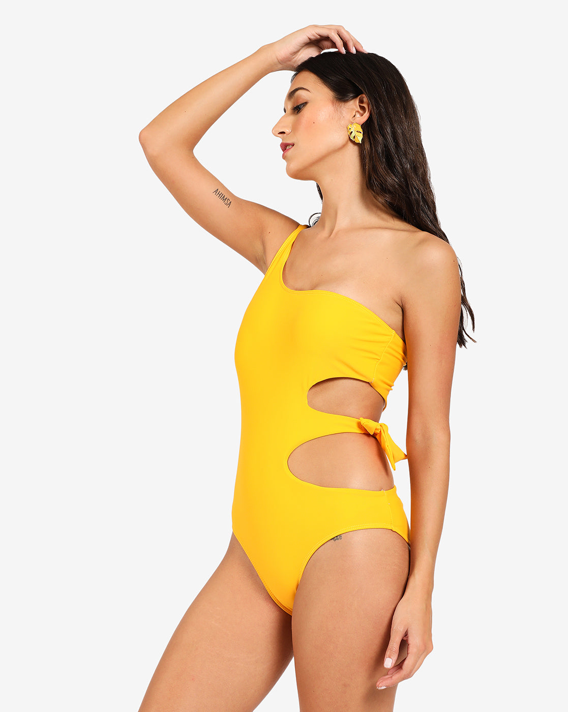 Yellow Solid Tie-Up One Shoulder Swimsuit