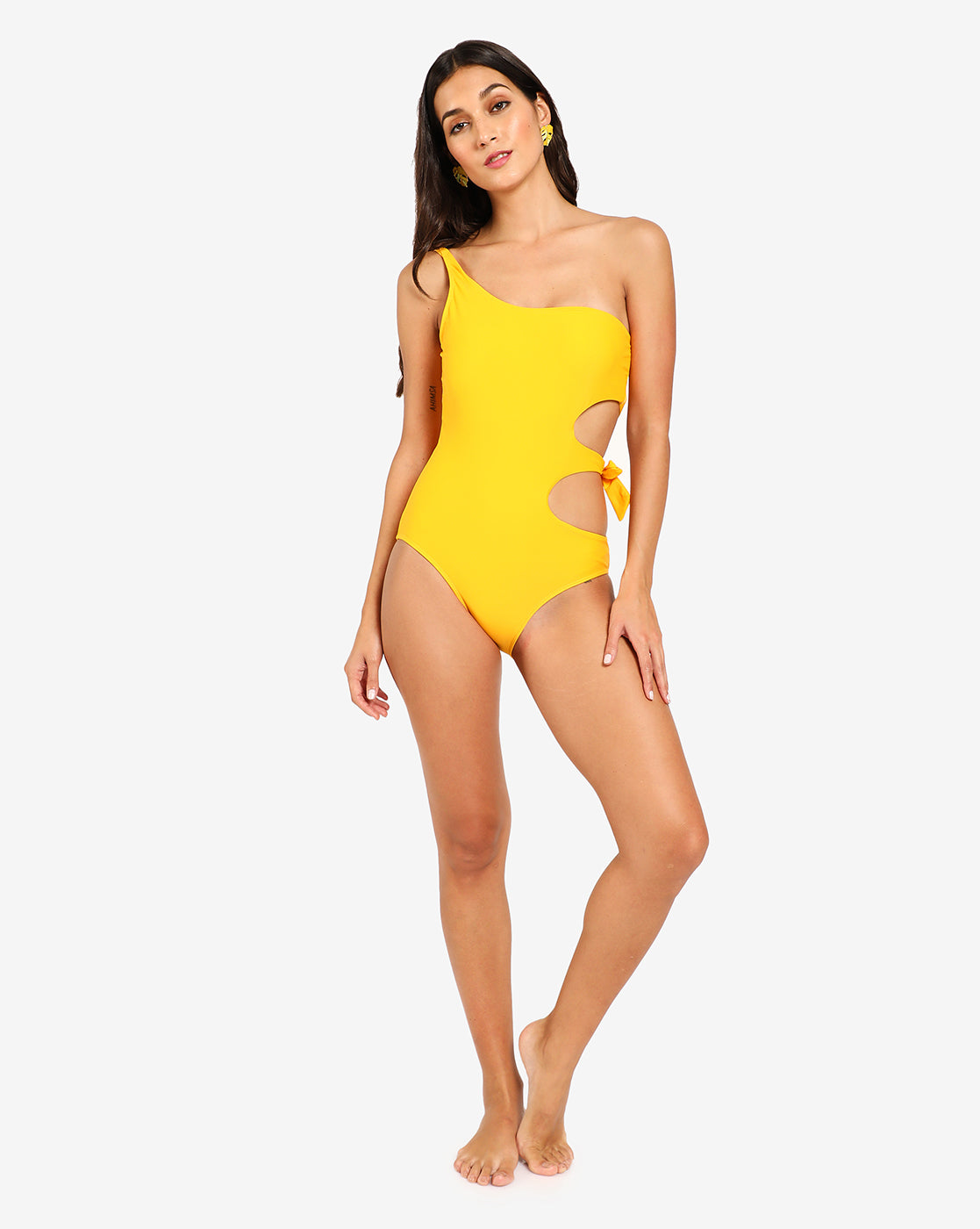 Yellow Solid Tie-Up One Shoulder Swimsuit