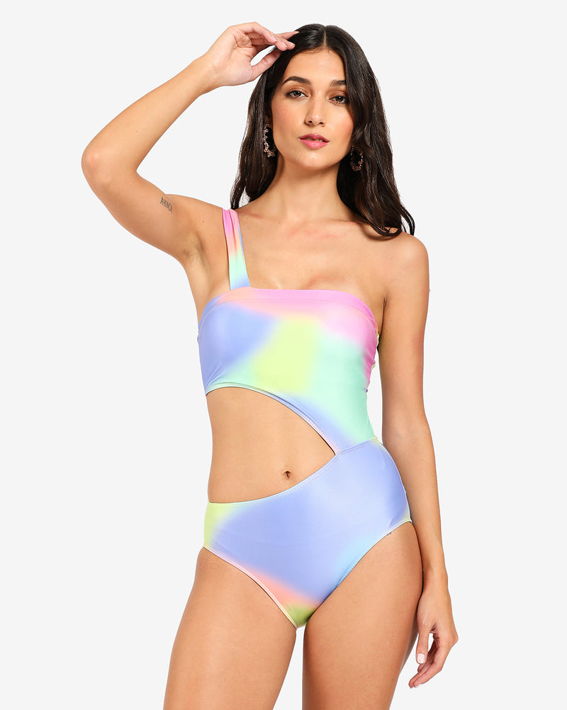 Multicolour Cut Out One Shoulder Swim Suit