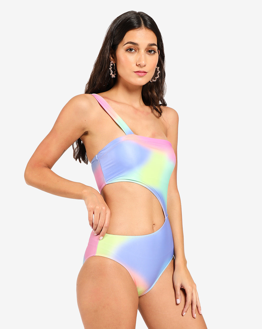 Multicolour Cut Out One Shoulder Swim Suit