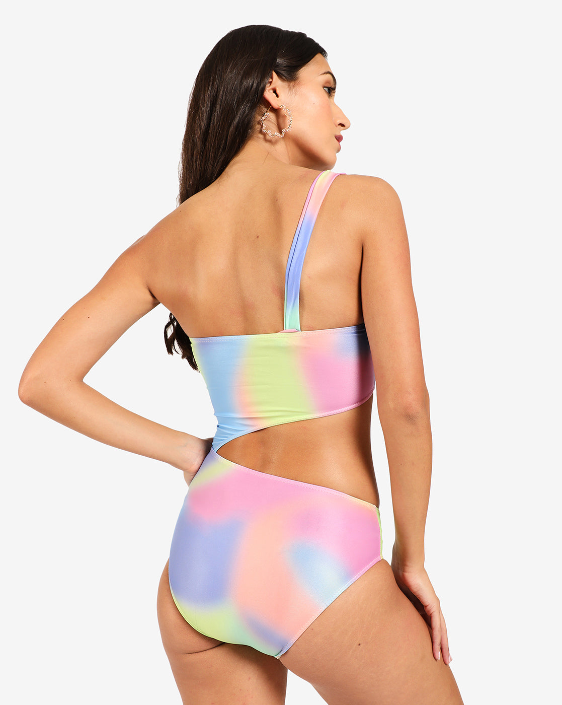 Multicolour Cut Out One Shoulder Swim Suit