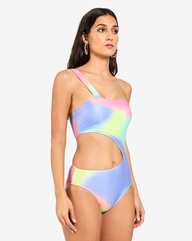 Multicolour Cut Out One Shoulder Swim Suit