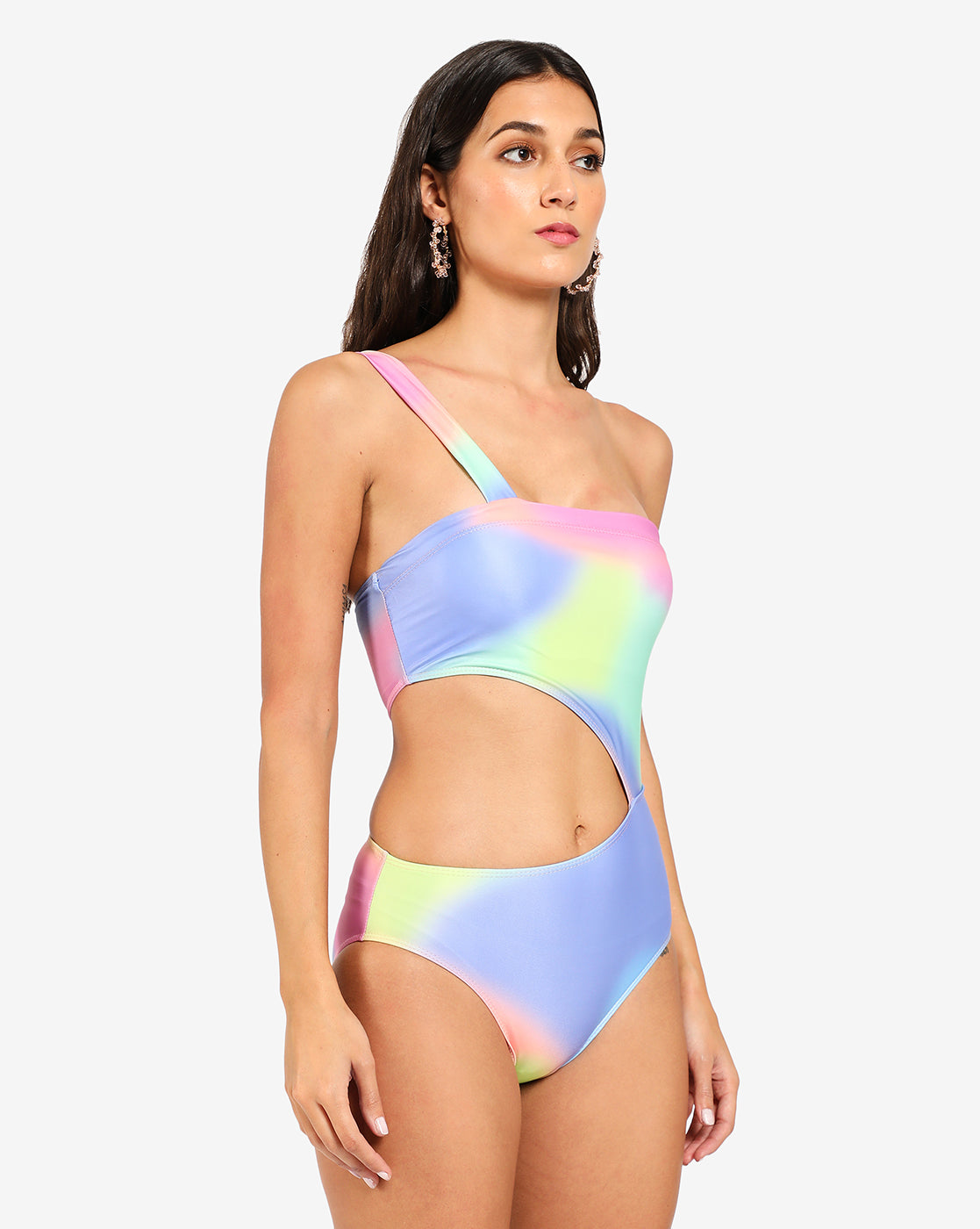 Multicolour Cut Out One Shoulder Swim Suit