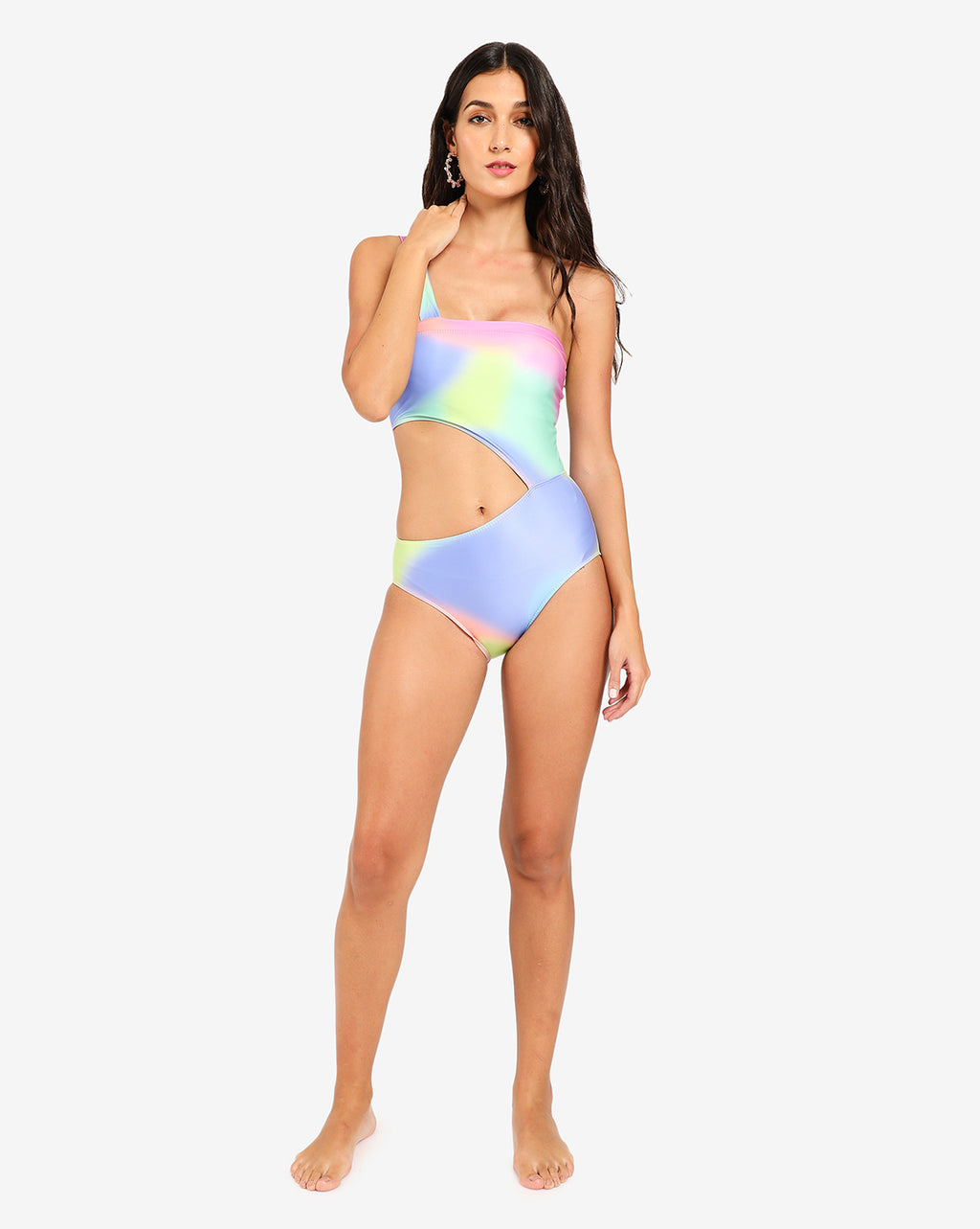 Multicolour Cut Out One Shoulder Swim Suit
