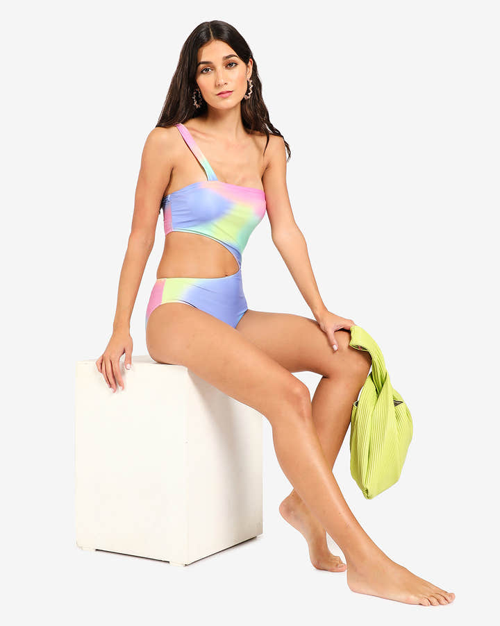 Multicolour Cut Out One Shoulder Swim Suit