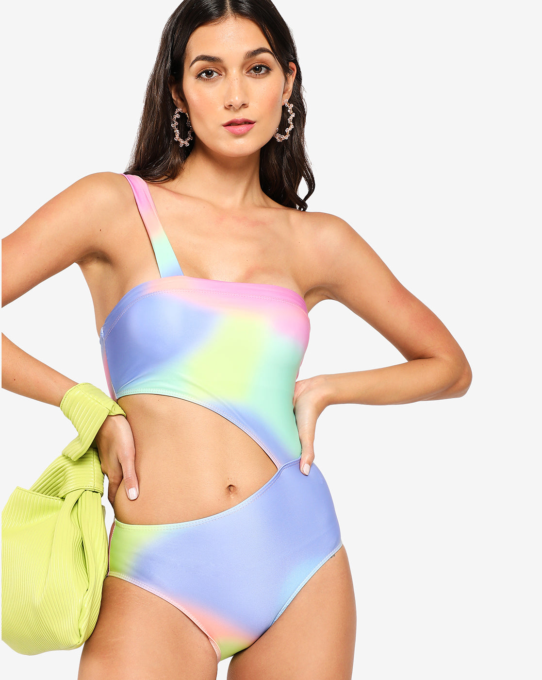 Women Multicolour cut out one shoulder swim suit