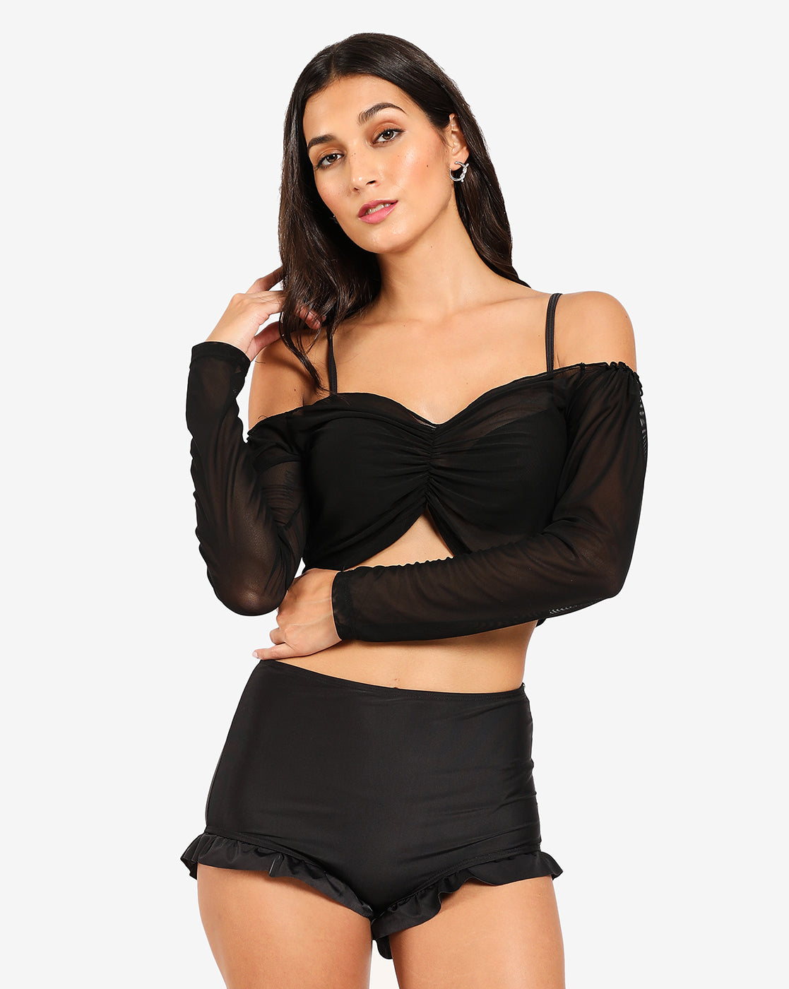 Black Off Shoulder 2 Piece Swim Set