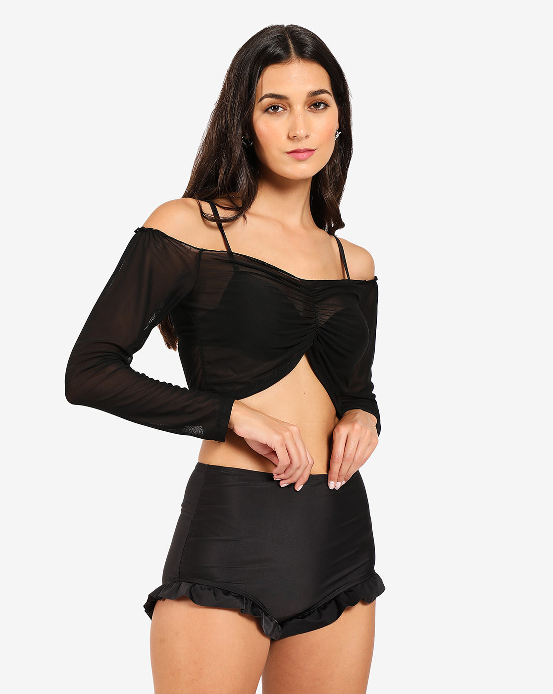 Black Off Shoulder 2 Piece Swim Set