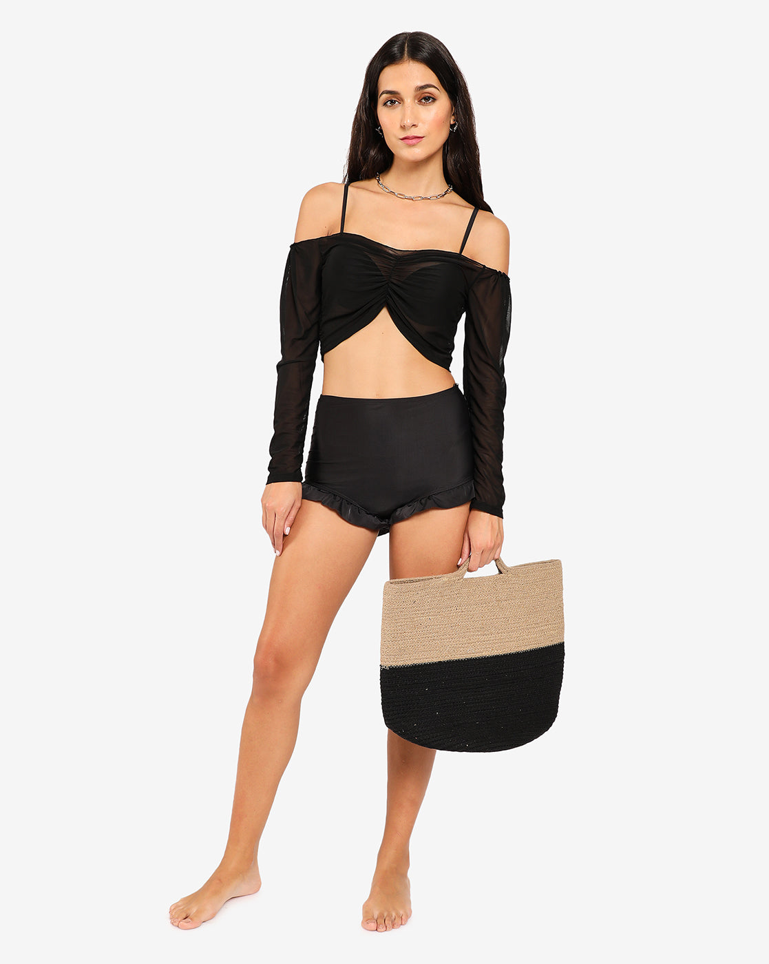 Black Off Shoulder 2 Piece Swim Set