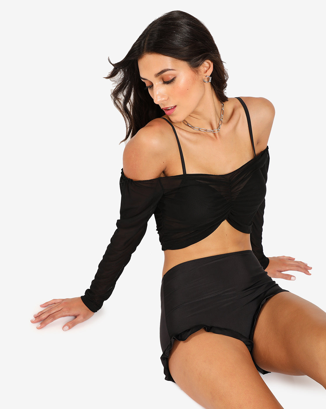 Women black off shoulder 2 piece swim set