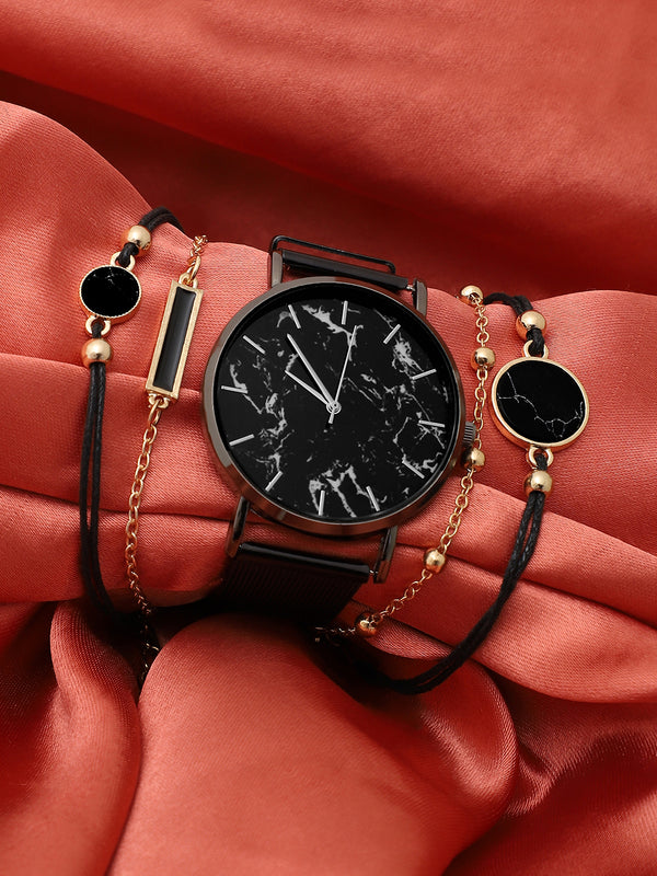 Black Marble Analog Round Dial With Black Leather Strap Watch & Bracelets