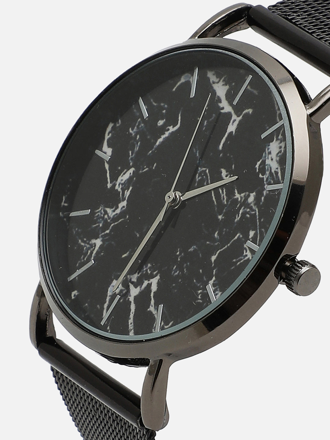 Black Marble Analog Round Dial With Black Leather Strap Watch & Bracelets