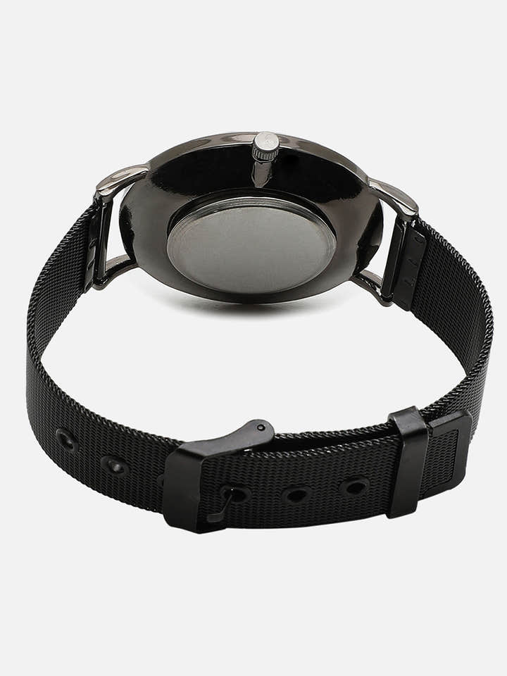 Black Marble Analog Round Dial With Black Leather Strap Watch & Bracelets