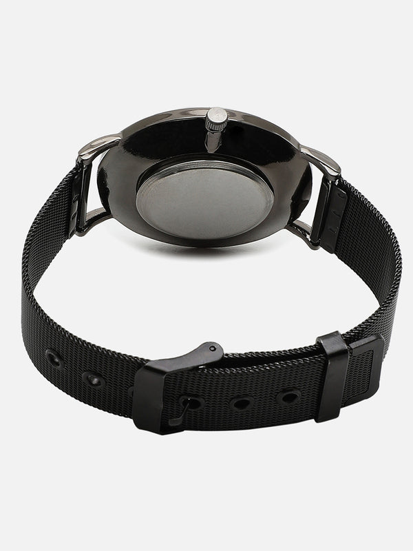 Black Marble Analog Round Dial With Black Leather Strap Watch & Bracelets